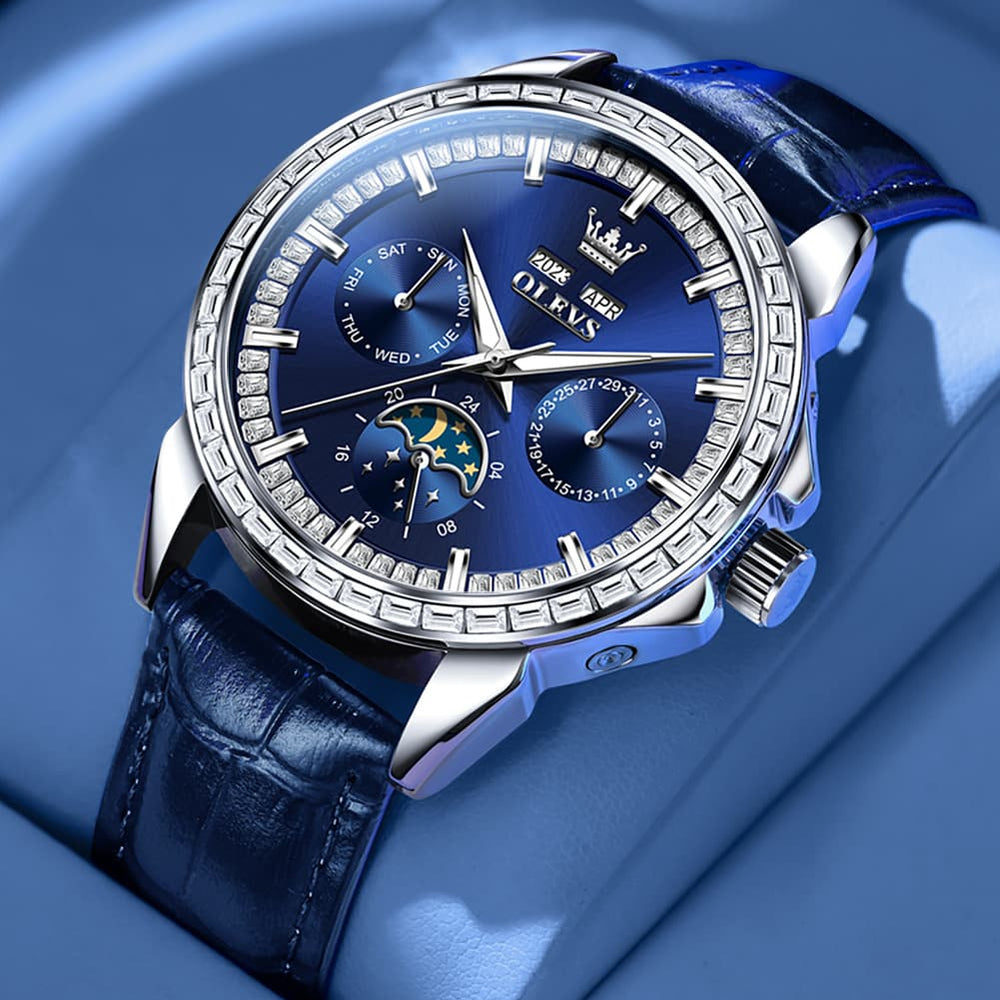 OLEVS 6695P Baguette Diamond Leather Mechanical Watch for Men - Rose Gold Blue Watch | Olevs Watch Store