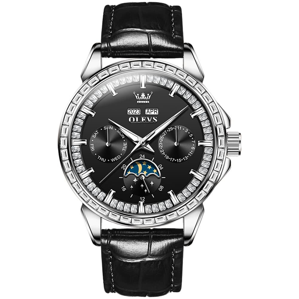 OLEVS 6695P Baguette Diamond Leather Mechanical Watch for Men - Silver Black Watch | Olevs Watch Store