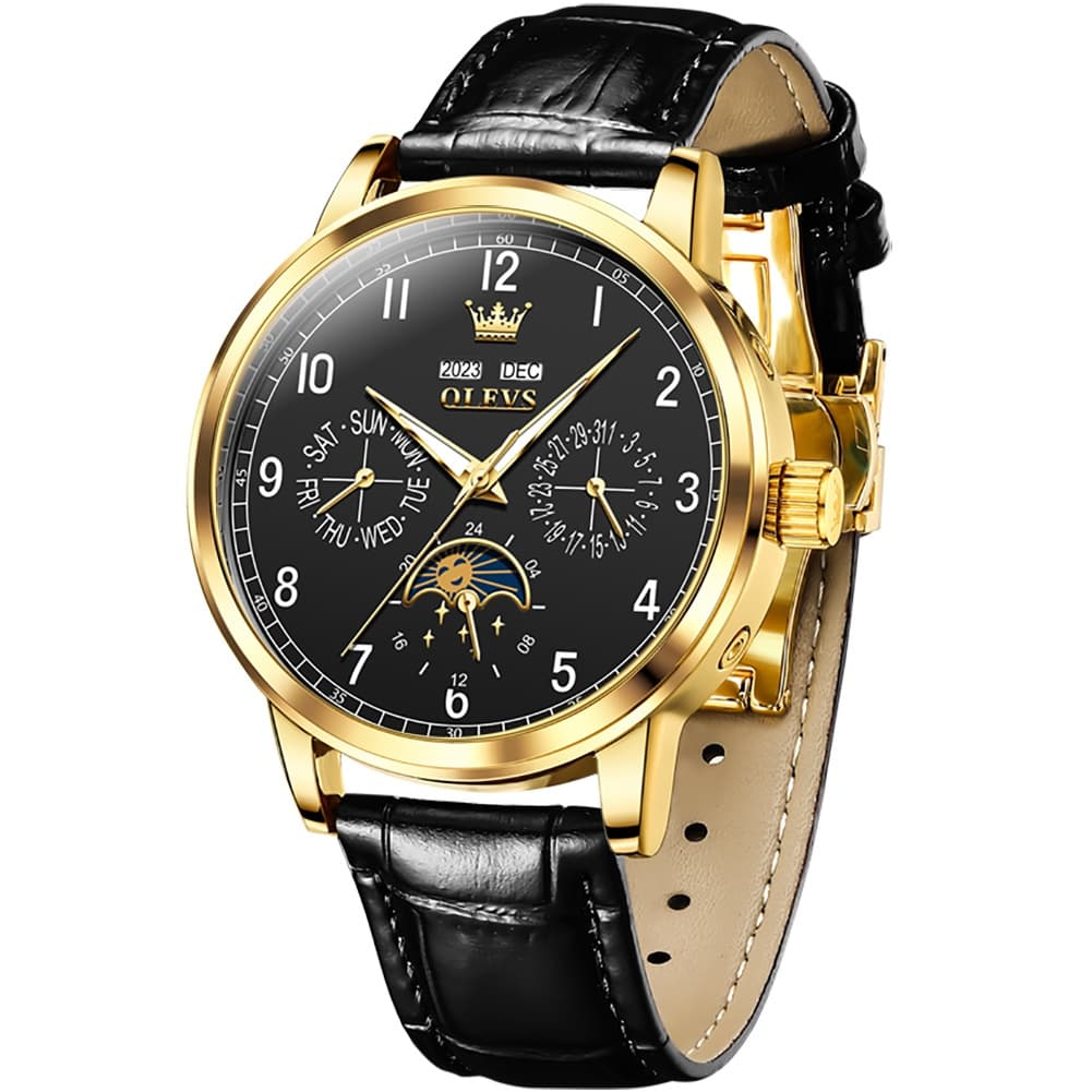 OLEVS 6698 Multifunction Moon Phase Mechanical Watch for Men - Gold Black Watch | Olevs Watch Store