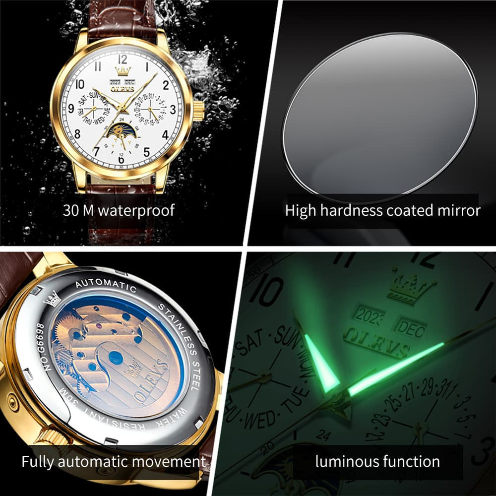 OLEVS 6698 Multifunction Moon Phase Mechanical Watch for Men - Silver White Watch | Olevs Watch Store