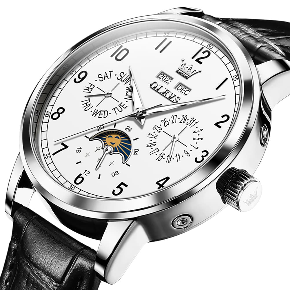 OLEVS 6698 Multifunction Moon Phase Mechanical Watch for Men - Silver White Watch | Olevs Watch Store