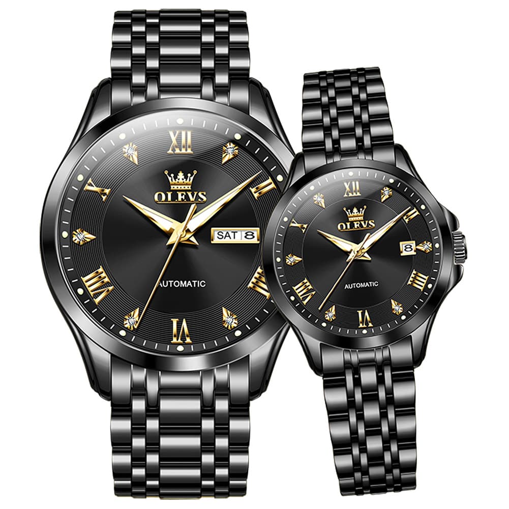 OLEVS 6702 Diamond Automatic Mechanical Watch For Couples - All Black Watch | Olevs Watch Store