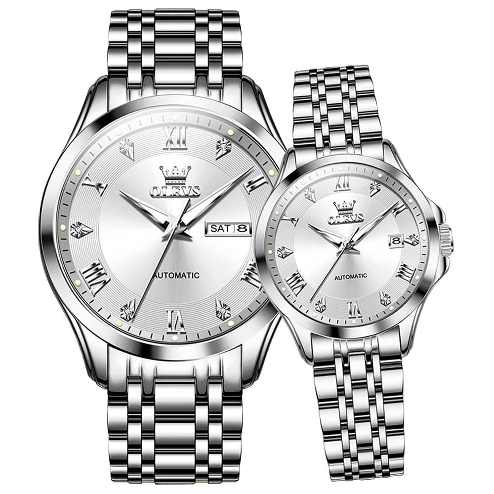 OLEVS 6702 Diamond Automatic Mechanical Watch For Couples - Silver White Watch | Olevs Watch Store
