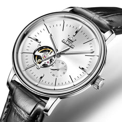 OLEVS 6708 Domed Crystal Open Heart Mechanical Watch For Men - Leather Black White Watch | Olevs Watch Store
