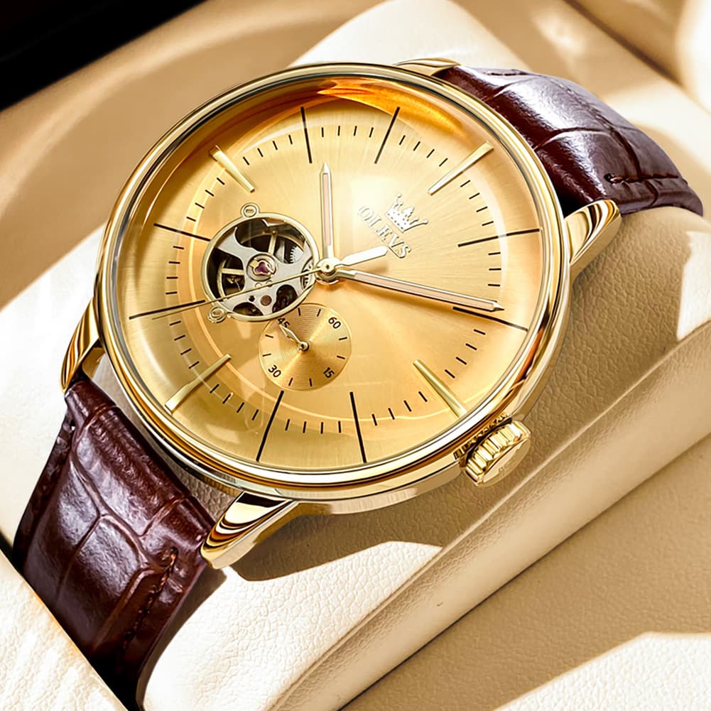 OLEVS 6708 Domed Crystal Open Heart Mechanical Watch For Men - Steel All Gold Watch | Olevs Watch Store