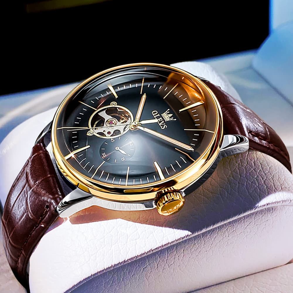 OLEVS 6708 Domed Crystal Open Heart Mechanical Watch For Men - Steel All Gold Watch | Olevs Watch Store