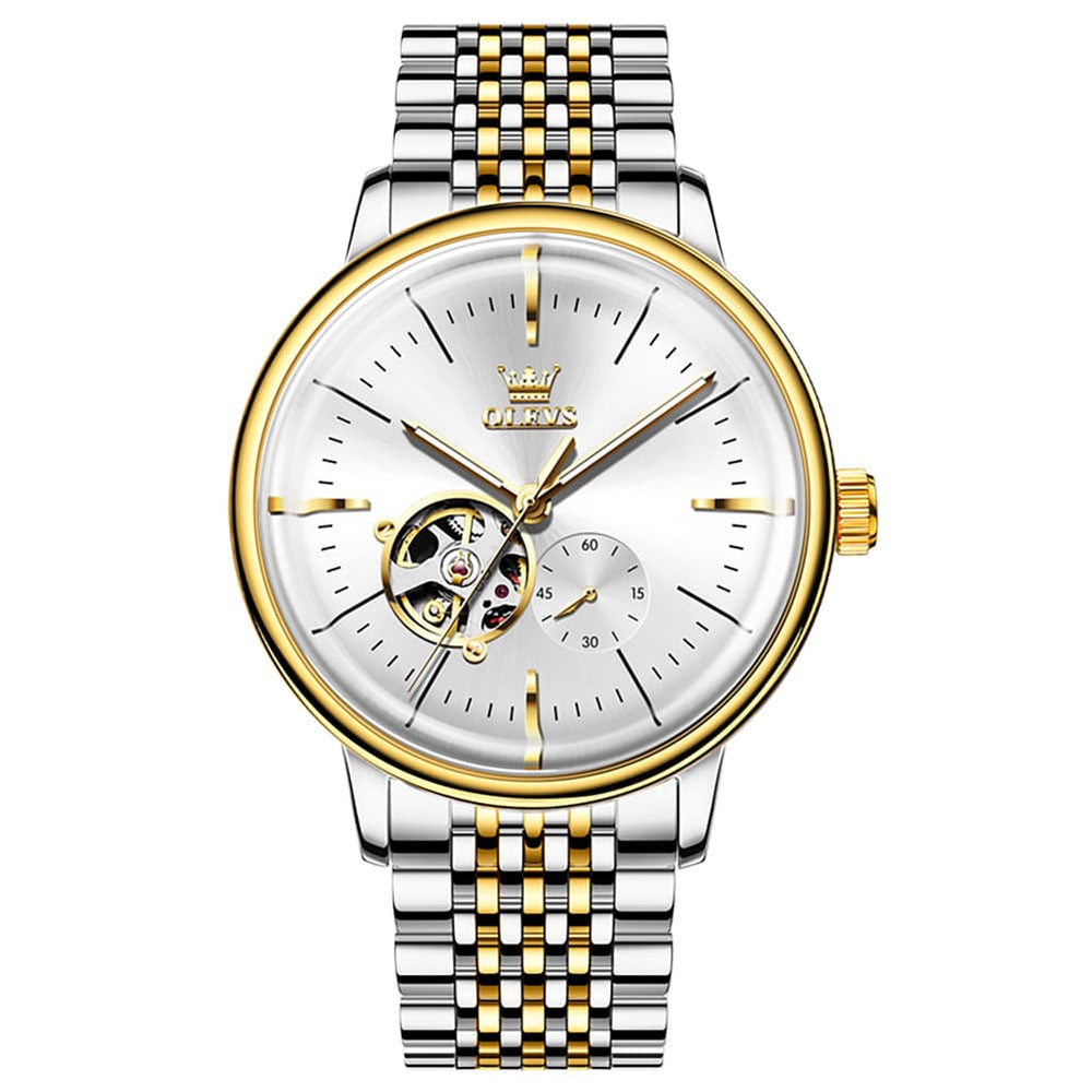 OLEVS 6708 Domed Crystal Open Heart Mechanical Watch For Men - Steel All Gold Watch | Olevs Watch Store