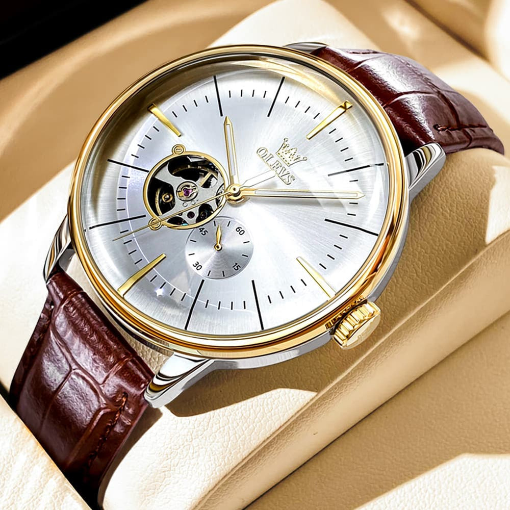 OLEVS 6708 Domed Crystal Open Heart Mechanical Watch For Men - Steel All Gold Watch | Olevs Watch Store