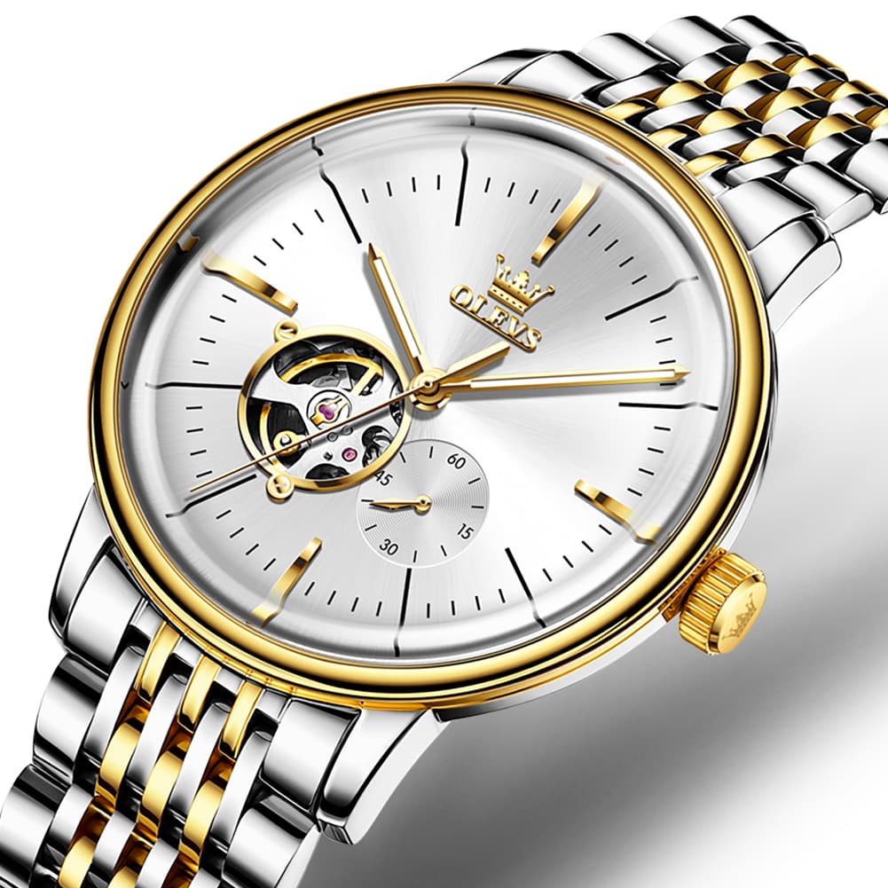 OLEVS 6708 Domed Crystal Open Heart Mechanical Watch For Men - Steel Two Tone White Watch | Olevs Watch Store