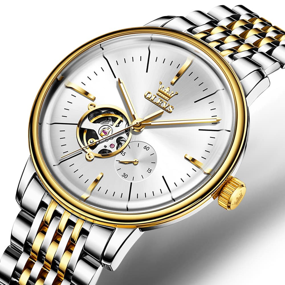 OLEVS 6708 Domed Crystal Open Heart Mechanical Watch For Men - Steel Two Tone White Watch | Olevs Watch Store