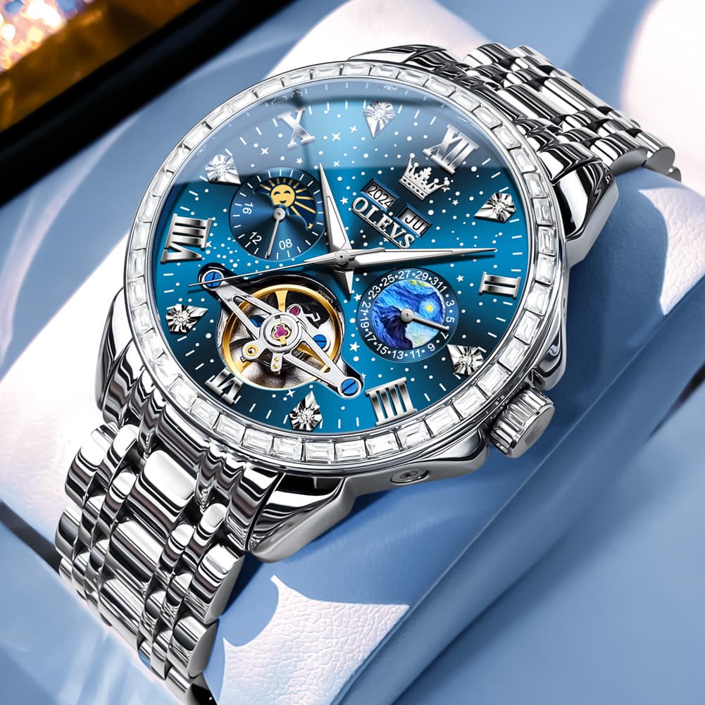 OLEVS 6712 Diamond Bezel Starry Moon Phase Calendar Mechanical Watch For Men - Silver Black Watch | Olevs Watch Store