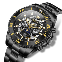 OLEVS 6715 Skeleton Multifunction Moon Phase Sports Mechanical Watch For Men - All Black Watch | Olevs Watch Store
