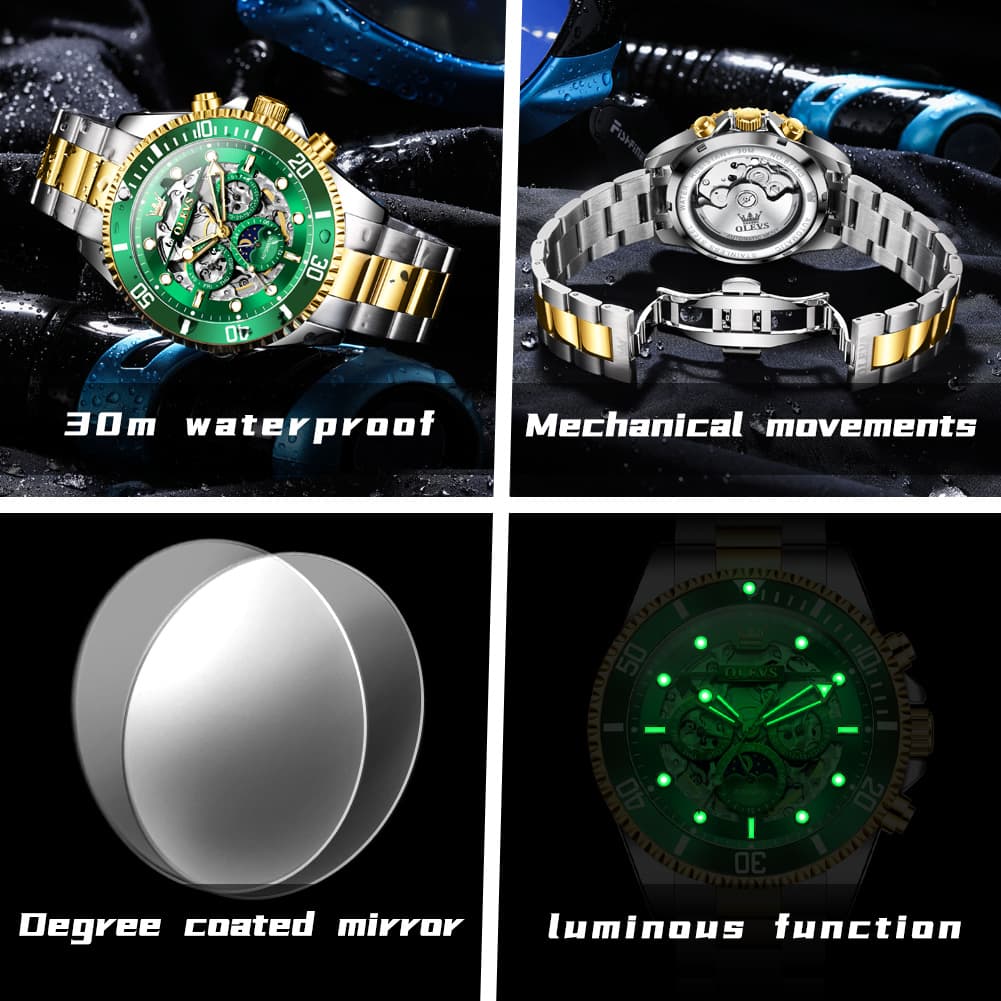 OLEVS 6715 Skeleton Multifunction Moon Phase Sports Mechanical Watch For Men - Silver Ebony Watch | Olevs Watch Store