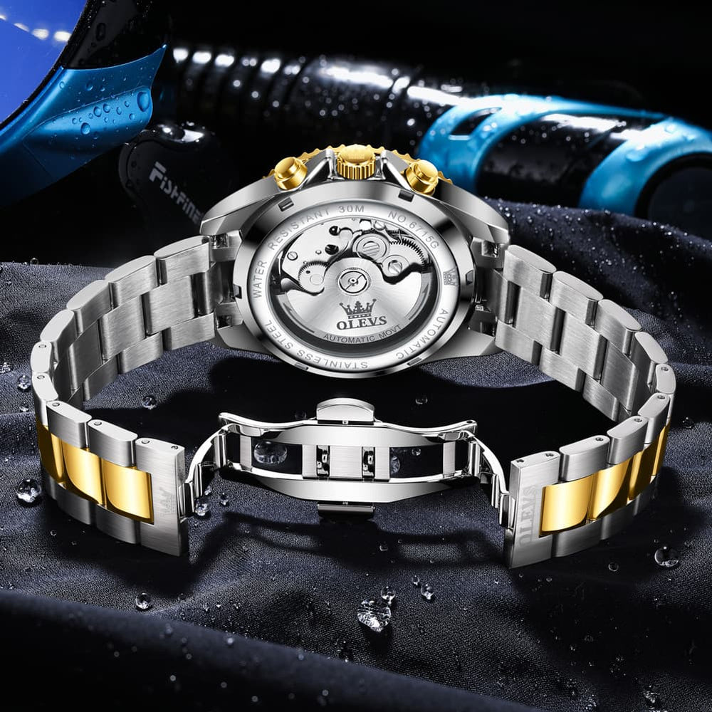 OLEVS 6715 Skeleton Multifunction Moon Phase Sports Mechanical Watch For Men - Silver Ebony Watch | Olevs Watch Store