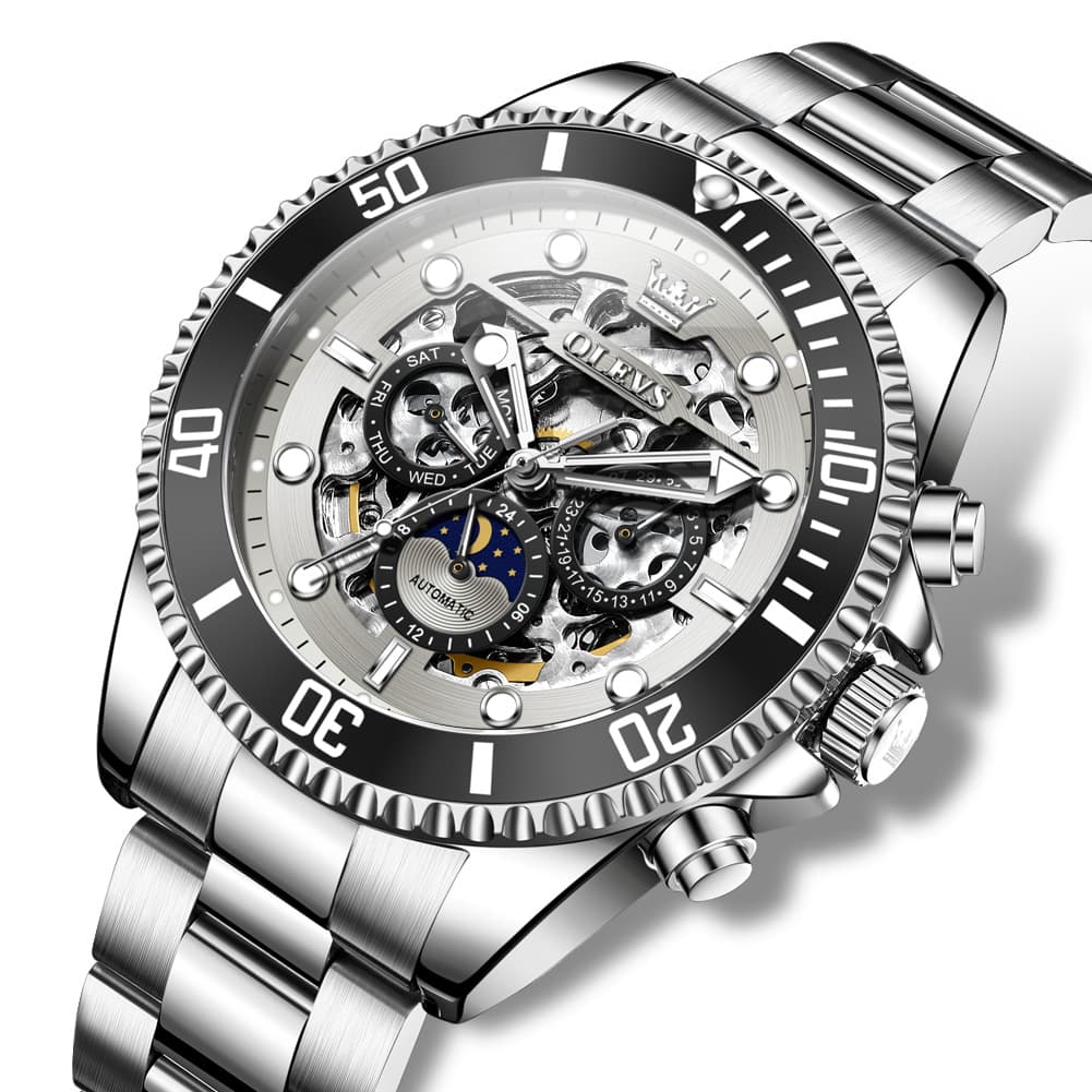 OLEVS 6715 Skeleton Multifunction Moon Phase Sports Mechanical Watch For Men - Silver Grizzly Watch | Olevs Watch Store
