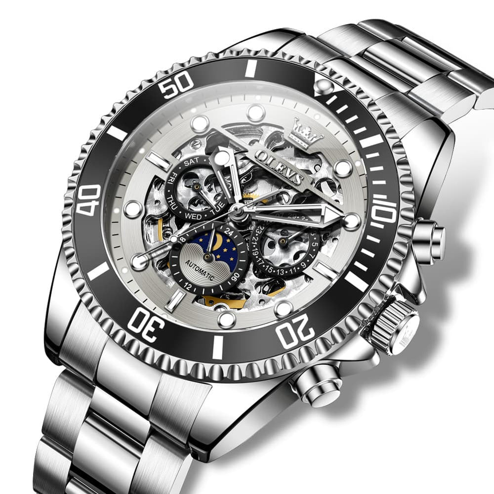 OLEVS 6715 Skeleton Multifunction Moon Phase Sports Mechanical Watch For Men - Silver Grizzly Watch | Olevs Watch Store