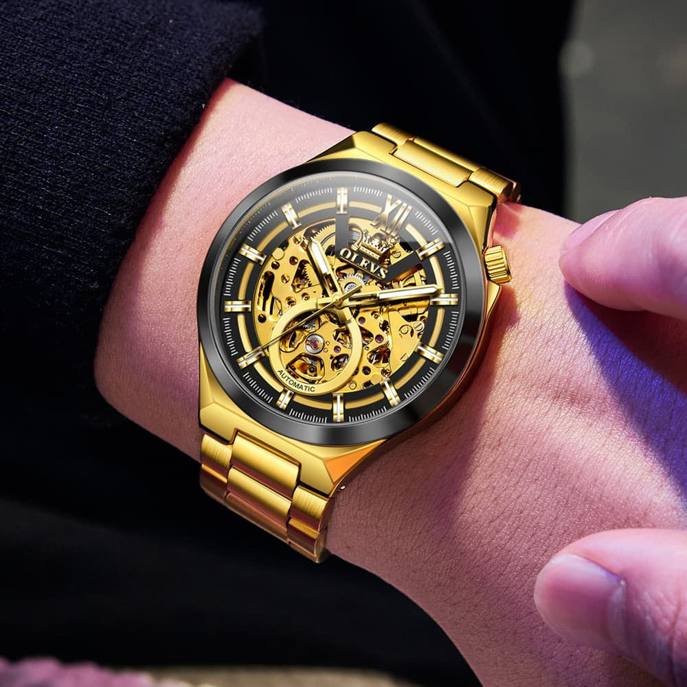OLEVS 6722 Integrated Geometry Full Skeleton Mechanical Watch For Men - Steel Gold Watch | Olevs Watch Store