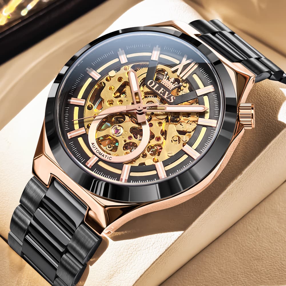 OLEVS 6722 Integrated Geometry Full Skeleton Mechanical Watch For Men - Steel Gold Watch | Olevs Watch Store