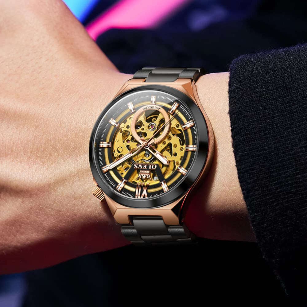 OLEVS 6722 Integrated Geometry Full Skeleton Mechanical Watch For Men - Steel Gold Watch | Olevs Watch Store