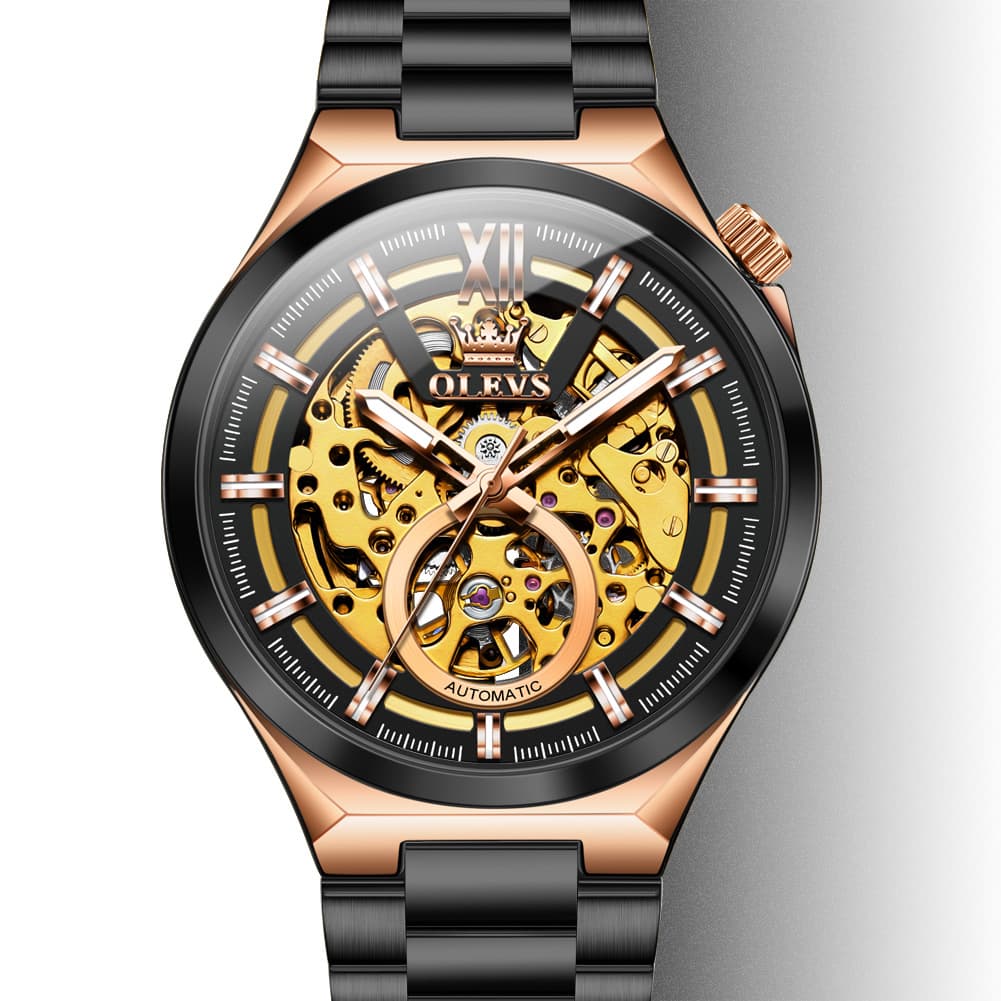 OLEVS 6722 Integrated Geometry Full Skeleton Mechanical Watch For Men - Two Tone Rose Watch | Olevs Watch Store