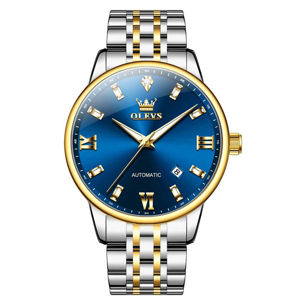 OLEVS 6723 Diamond Roman Numeral Automatic Mechanical Watch For Men - Golden Blue Watch | Olevs Watch Store