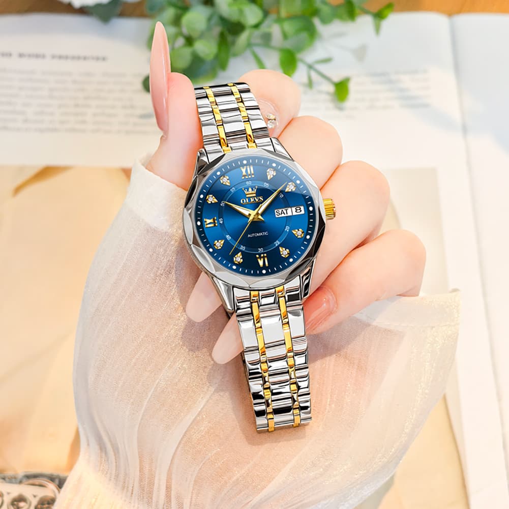 OLEVS 6727 Automatic Diamond Mechanical Watch For Women - Silver Black Watch | Olevs Watch Store