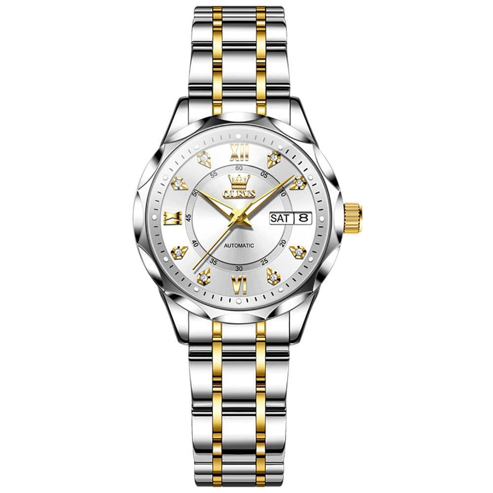 OLEVS 6727 Automatic Diamond Mechanical Watch For Women - Silver Black Watch | Olevs Watch Store