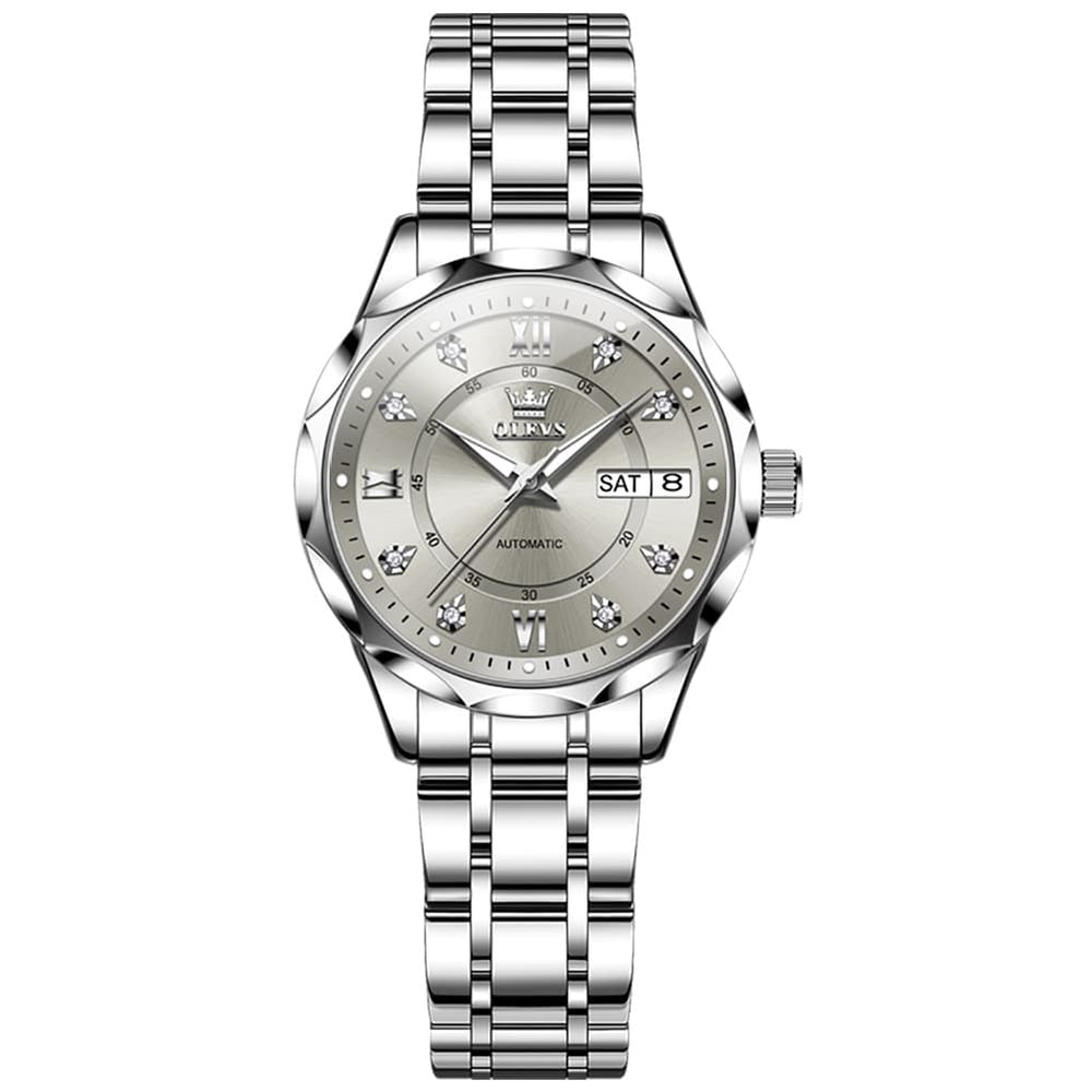 OLEVS 6727 Automatic Diamond Mechanical Watch For Women - Silver Black Watch | Olevs Watch Store
