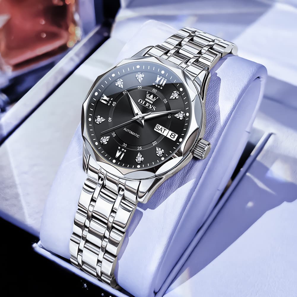 OLEVS 6727 Automatic Diamond Mechanical Watch For Women - Silver Black Watch | Olevs Watch Store
