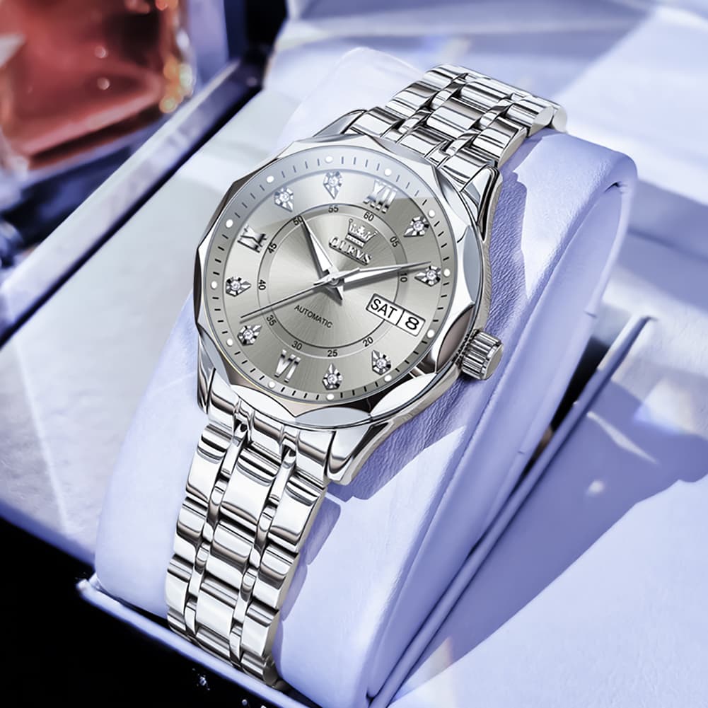 OLEVS 6727 Automatic Diamond Mechanical Watch For Women - Silver Black Watch | Olevs Watch Store