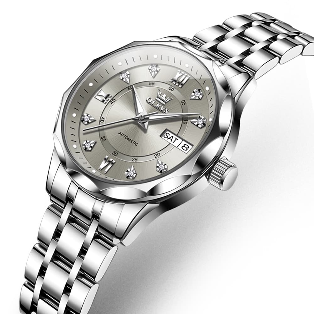 OLEVS 6727 Automatic Diamond Mechanical Watch For Women - Silver Grey Watch | Olevs Watch Store