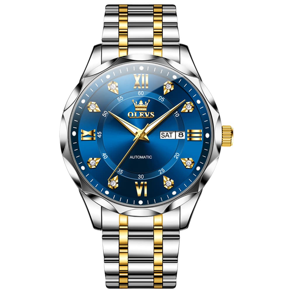 OLEVS 6727 Automatic Mechanical Diamond Watch For Men - Silver Black Watch | Olevs Watch Store