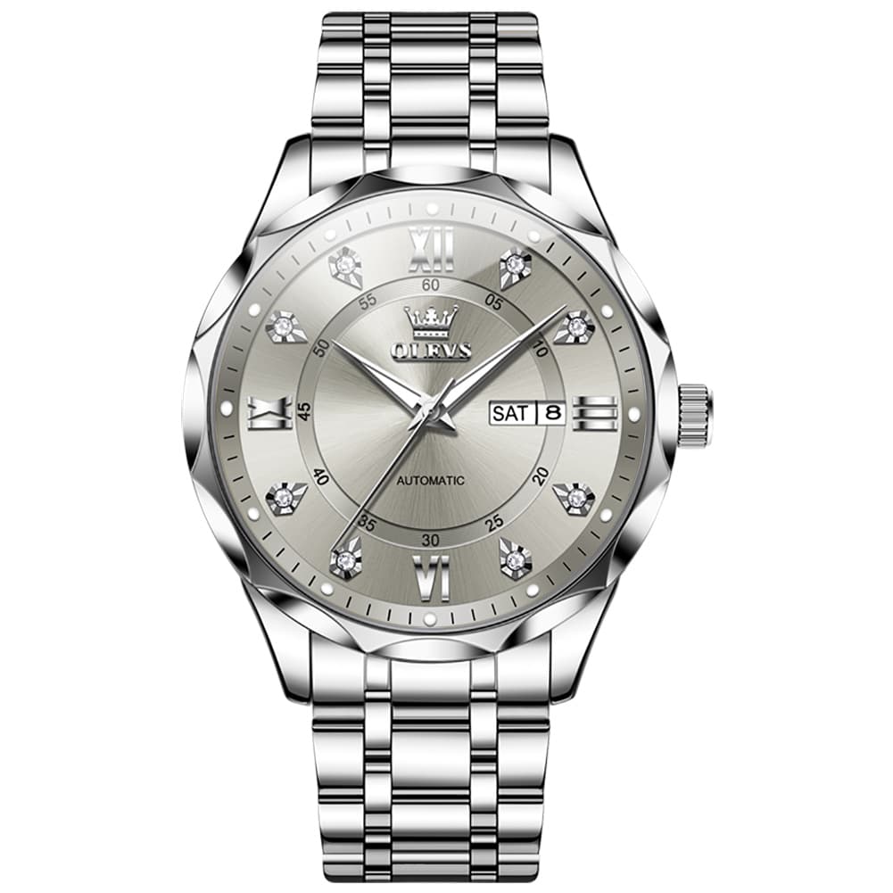 OLEVS 6727 Automatic Mechanical Diamond Watch For Men - Silver Black Watch | Olevs Watch Store