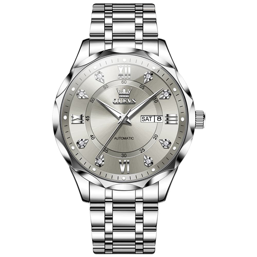 OLEVS 6727 Automatic Mechanical Diamond Watch For Men - Silver Black Watch | Olevs Watch Store