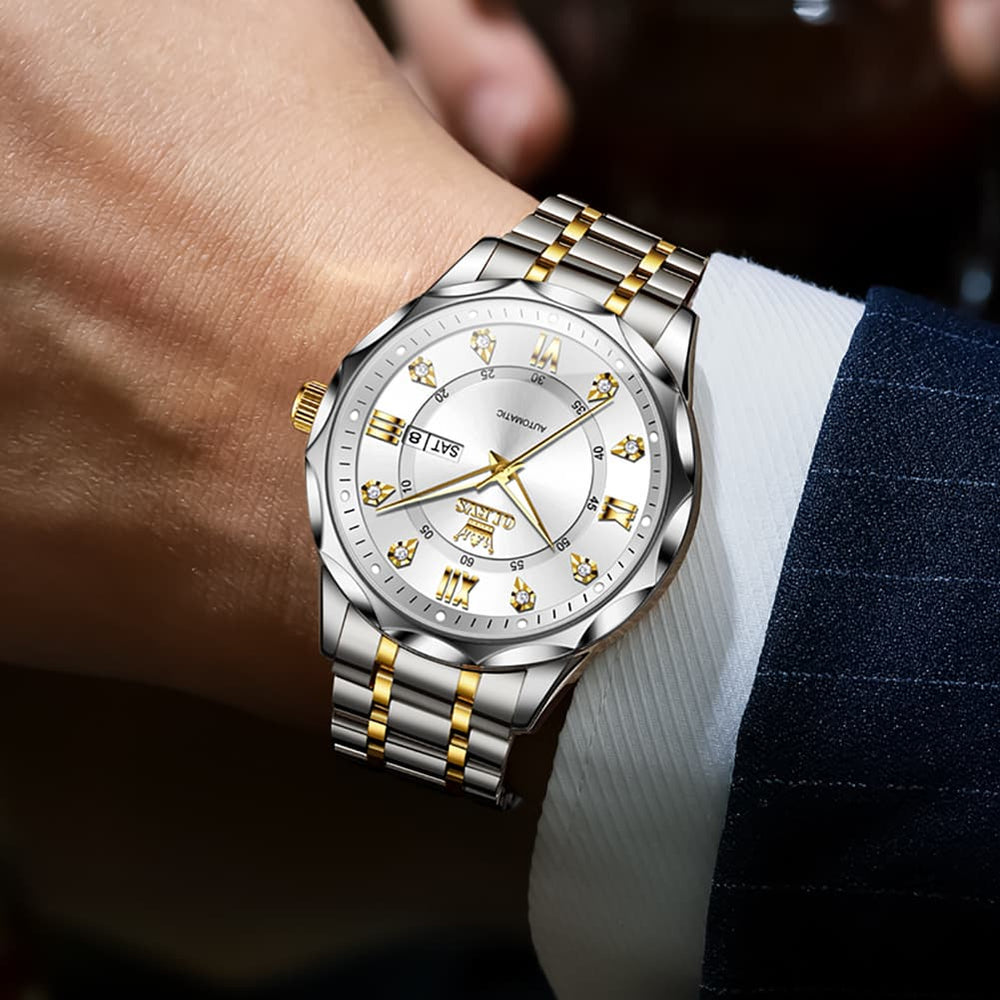 OLEVS 6727 Automatic Mechanical Diamond Watch For Men - Silver Black Watch | Olevs Watch Store