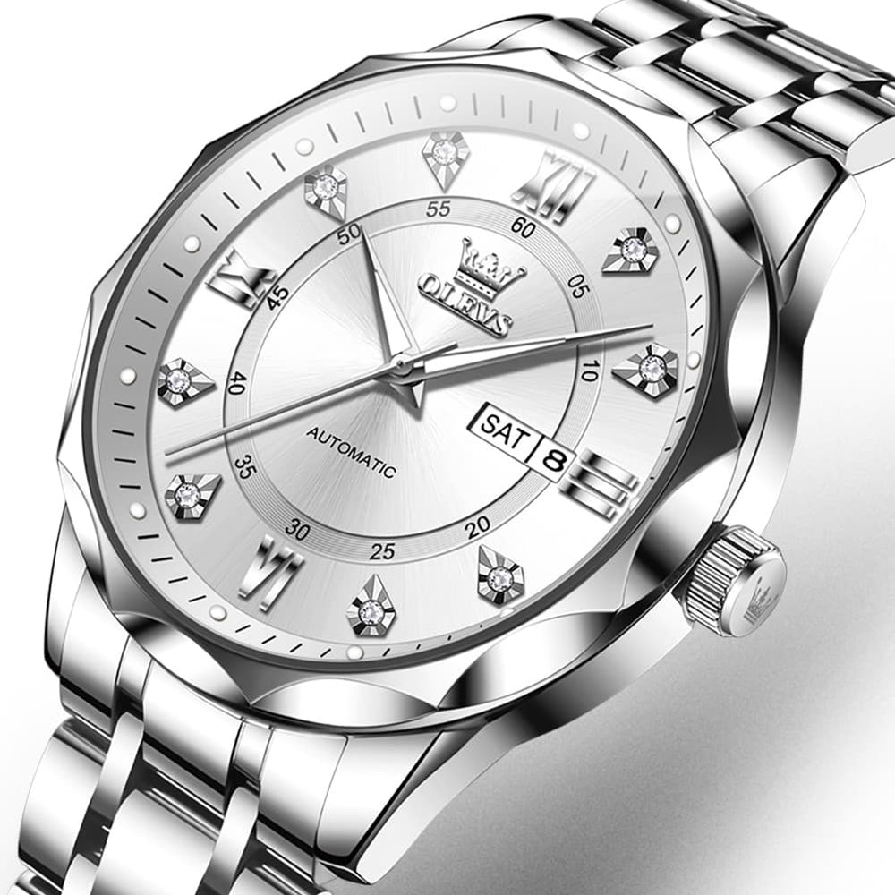 OLEVS 6727 Automatic Mechanical Diamond Watch For Men - Silver White Watch | Olevs Watch Store