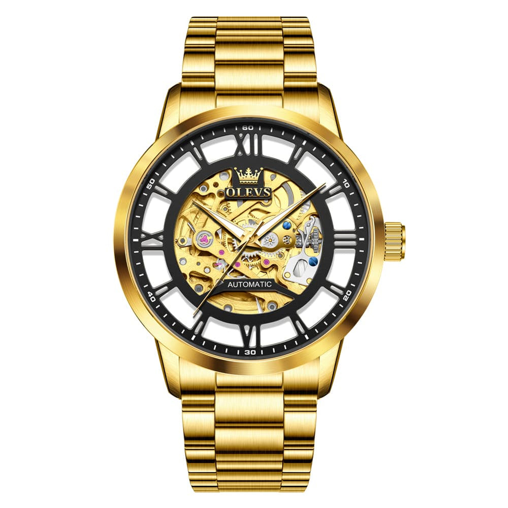 OLEVS 6728 Automatic Skeleton Mechanical Watch For Men - All Gold Watch | Olevs Watch Store