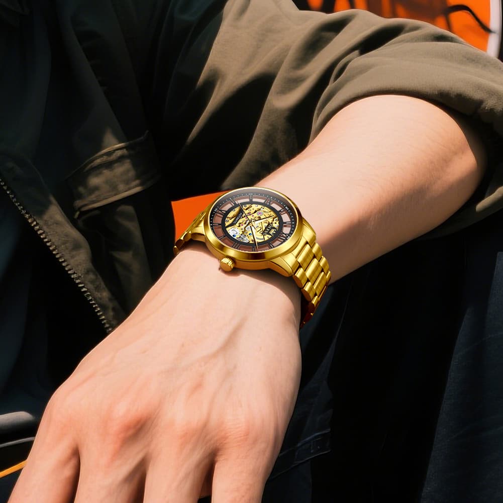 OLEVS 6728 Automatic Skeleton Mechanical Watch For Men - All Gold Watch | Olevs Watch Store