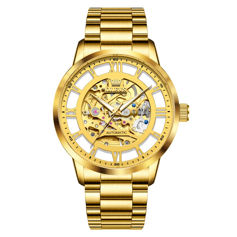 OLEVS 6728 Automatic Skeleton Mechanical Watch For Men - All Gold Watch | Olevs Watch Store