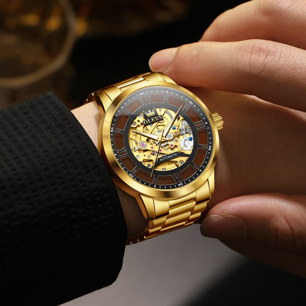 OLEVS 6728 Automatic Skeleton Mechanical Watch For Men - All Gold Watch | Olevs Watch Store