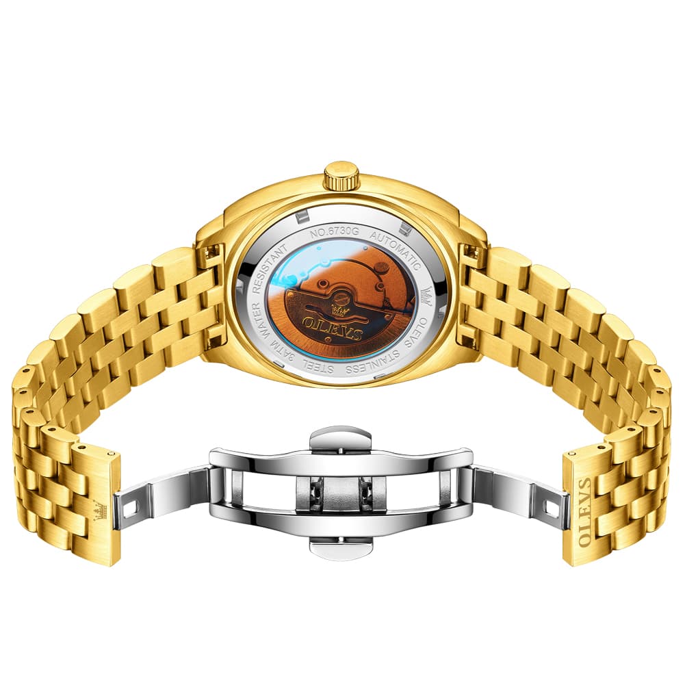 OLEVS 6730 Automatic Tonneau Mechanical Watch For Men - All Gold Watch | Olevs Watch Store