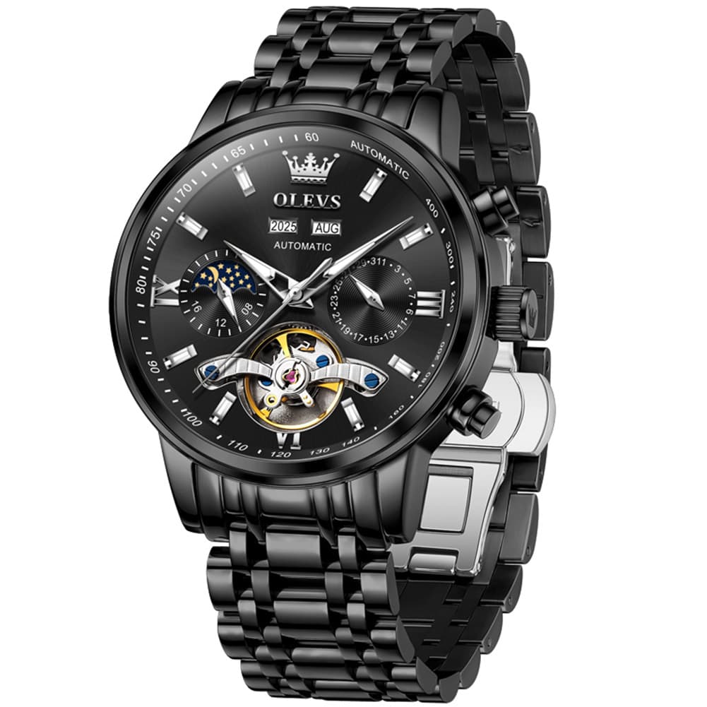 OLEVS 6740 Skeleton Flywheel Mechanical Watch for Men - All Black Watch | Olevs Watch Store