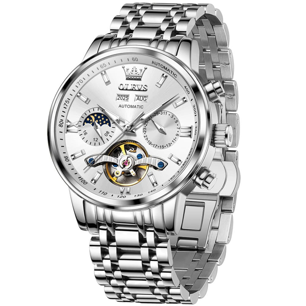 OLEVS 6740 Skeleton Flywheel Mechanical Watch for Men - Silver White Watch | Olevs Watch Store