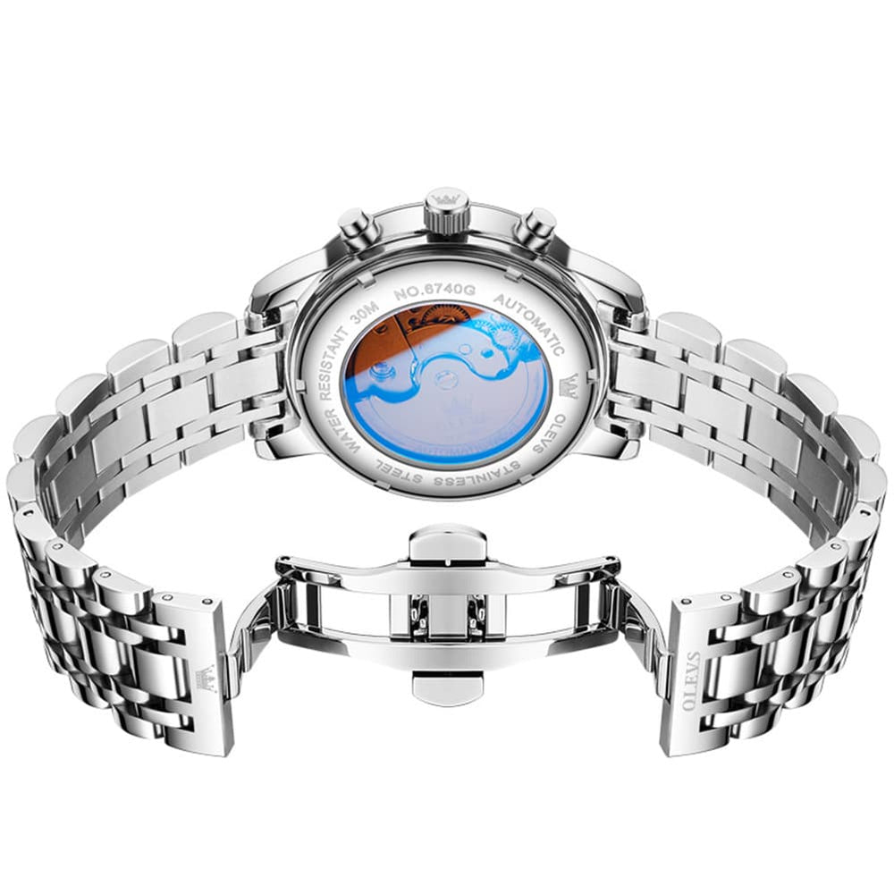 OLEVS 6740 Skeleton Flywheel Mechanical Watch for Men - Two Tone White Watch | Olevs Watch Store