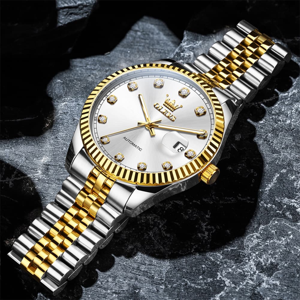 OLEVS 6743 Fluted Bezel Diamond Mechanical Watch for Men - Silver Black Watch | Olevs Watch Store