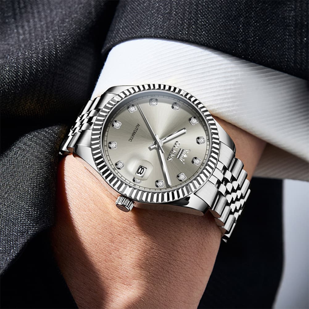 OLEVS 6743 Fluted Bezel Diamond Mechanical Watch for Men - Silver Black Watch | Olevs Watch Store