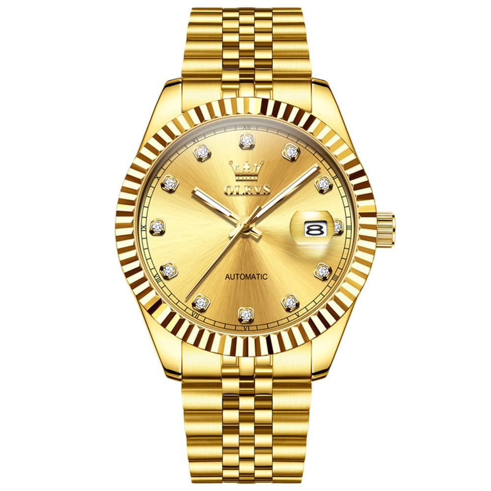 OLEVS 6743 Fluted Bezel Diamond Mechanical Watch for Men - Silver Black Watch | Olevs Watch Store
