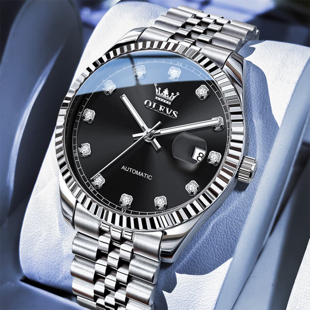 OLEVS 6743 Fluted Bezel Diamond Mechanical Watch for Men - Silver Black Watch | Olevs Watch Store