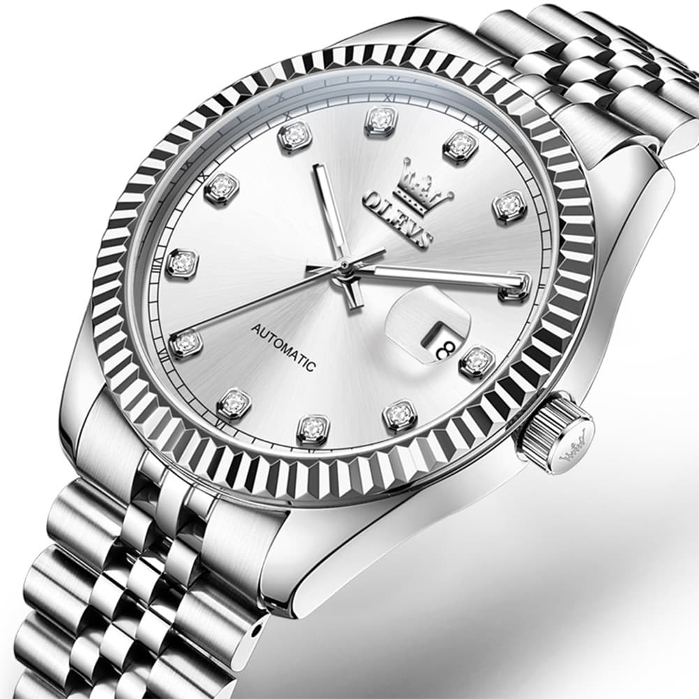 OLEVS 6743 Fluted Bezel Diamond Mechanical Watch for Men - Silver White Watch | Olevs Watch Store