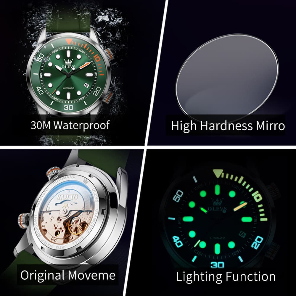 OLEVS 6751 Dive Style Silicone Strap Mechanical Watch for Men - Silicone Blue Watch | Olevs Watch Store